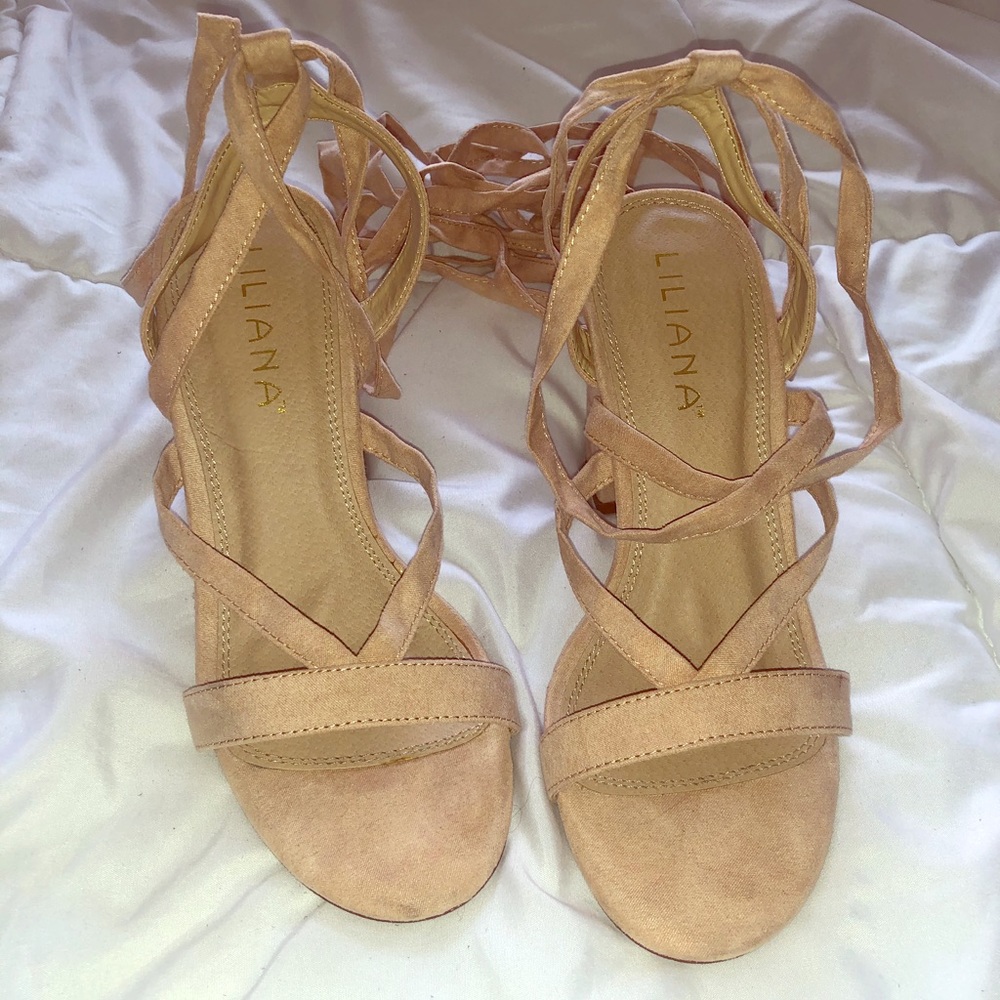 Nude lace up chunky heels
